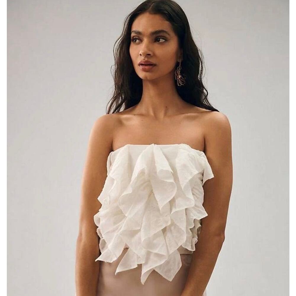 BY ANTHROPOLOGIE STRAPLESS RUFFLE TOP in Ivory. NWT Size L